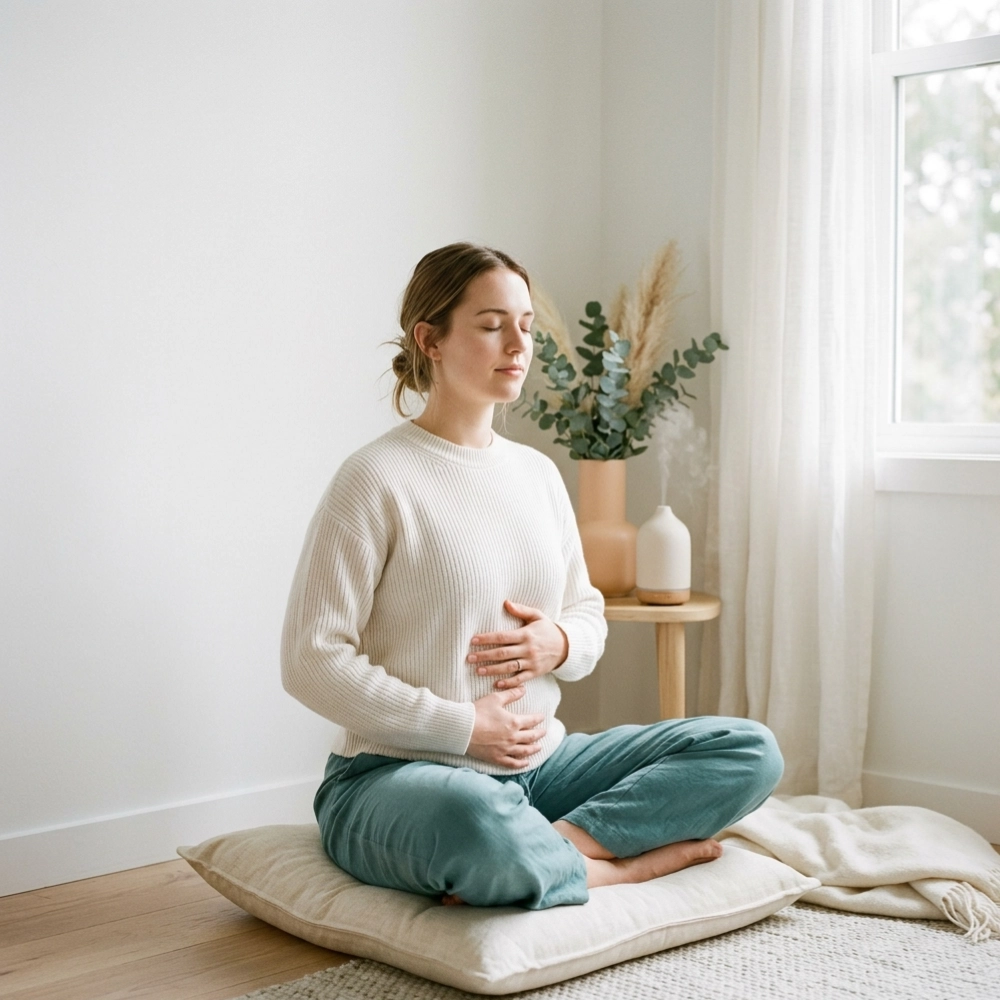 Woman practicing deep breathing while seated on floor.