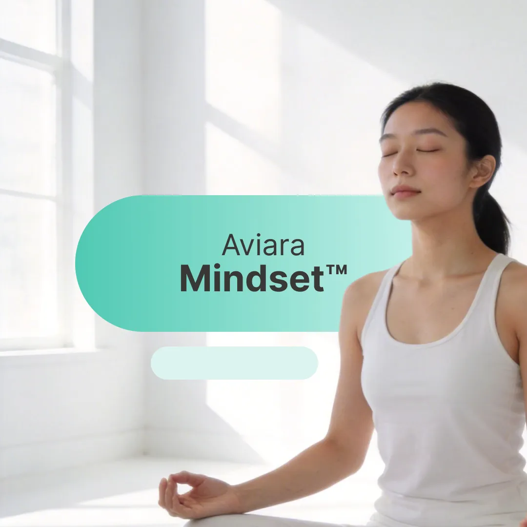 Relaxed man contemplating positive mindset buttons.