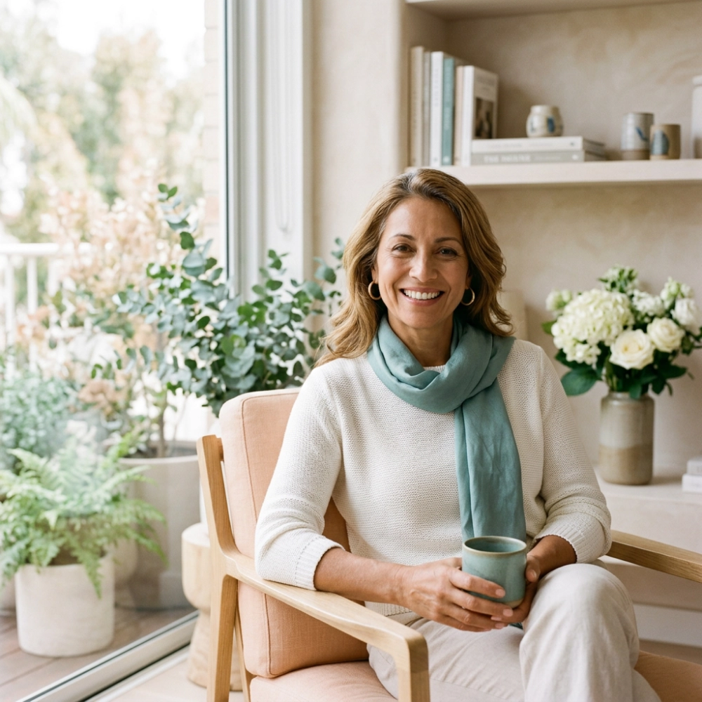 Woman smiling at home holding cup, relaxed after treatment