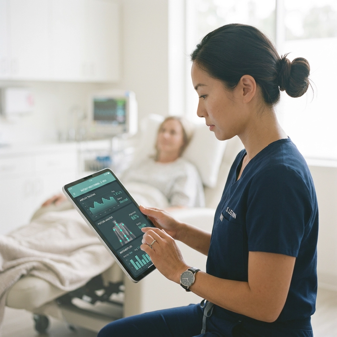 Clinician reviewing patient health metrics on tablet in clinical room