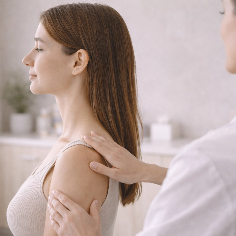 Practitioner assessing shoulder and posture of patient.