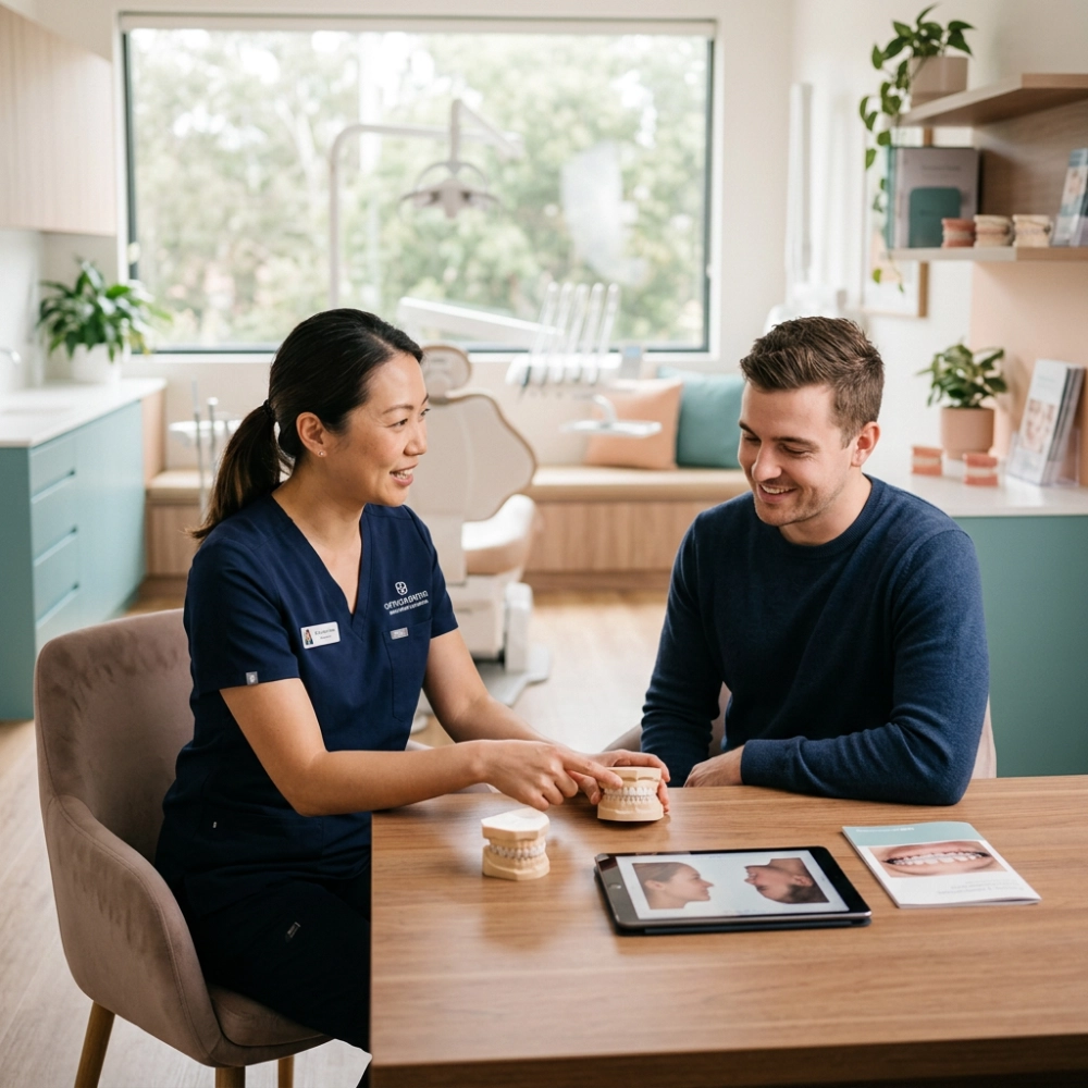 A dental practitioner in scrubs sits with a male patient at a wooden table in a bright modern clinic, explaining orthodontic concerns using a teeth model. 