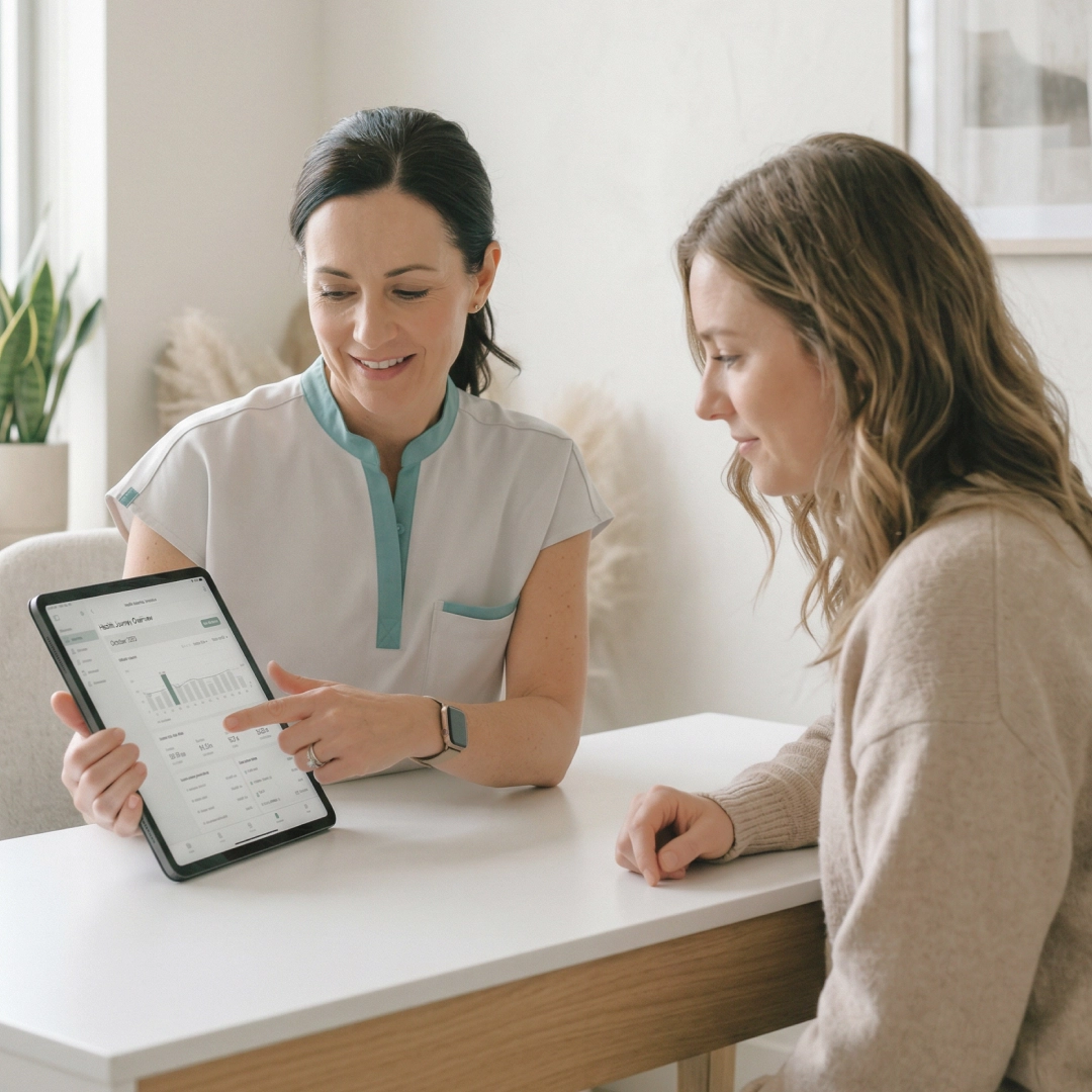 Doctor explaining health data on tablet to patient during consultation