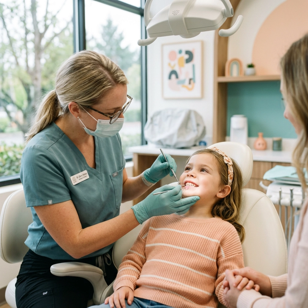 Dentist examining child’s teeth during checkup.