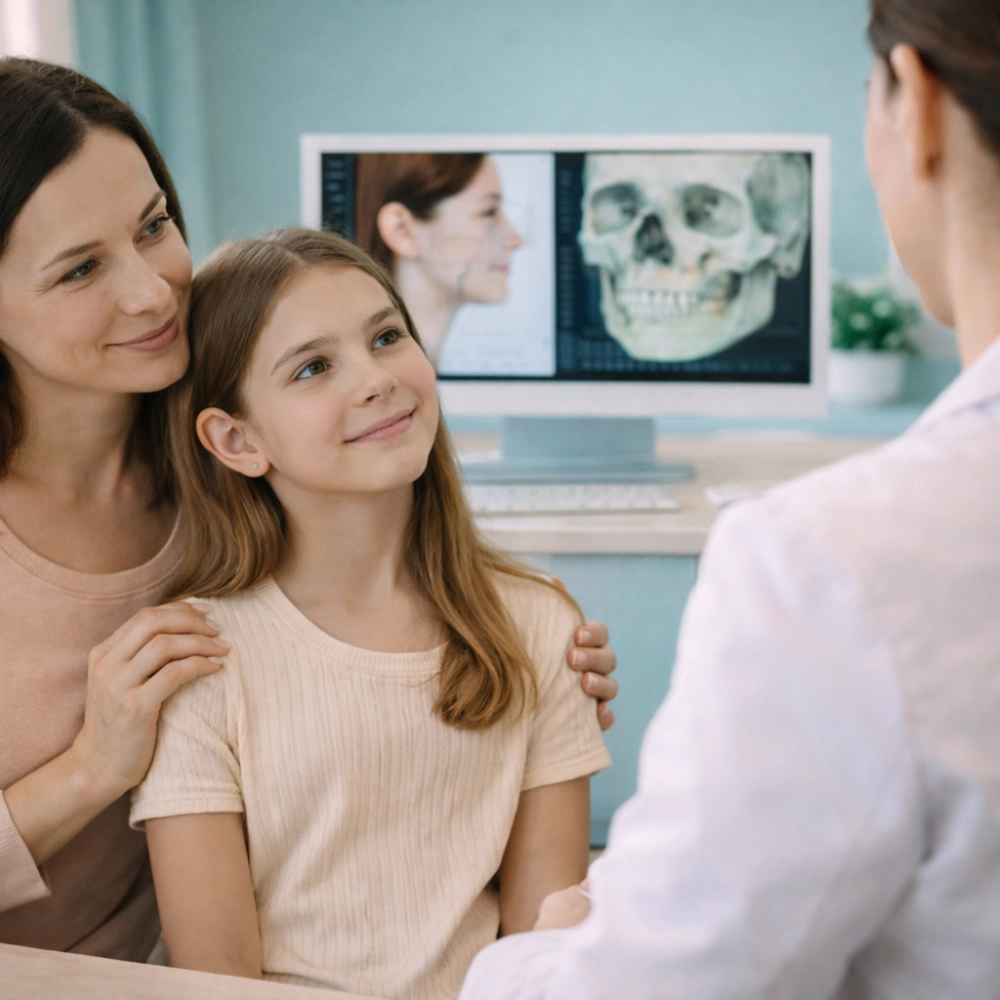 Mother and young girl sit together during a dental consultation, listening to a practitioner while facial profile and skull scans are displayed on a screen, with a calm clinical setting.