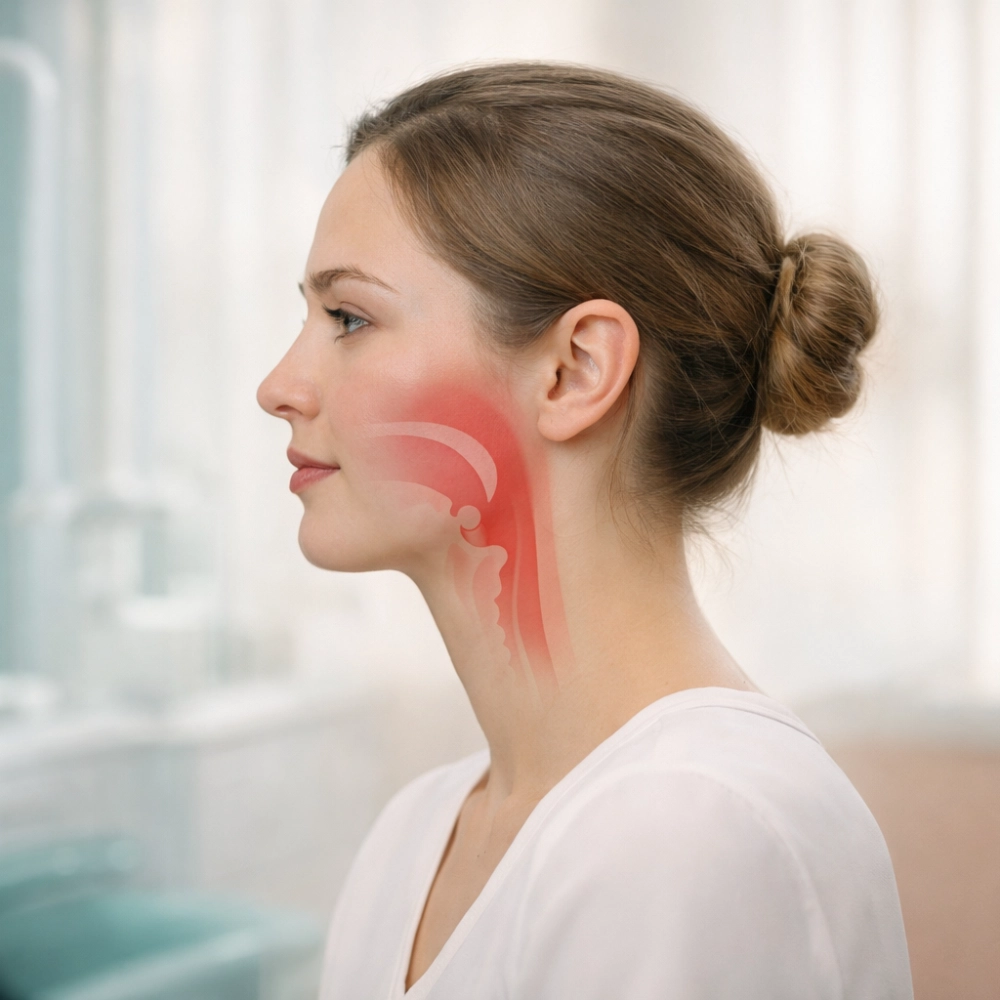 Side-profile of a woman in a modern dental clinic with a subtle anatomical overlay highlighting a narrowed airway and jaw area