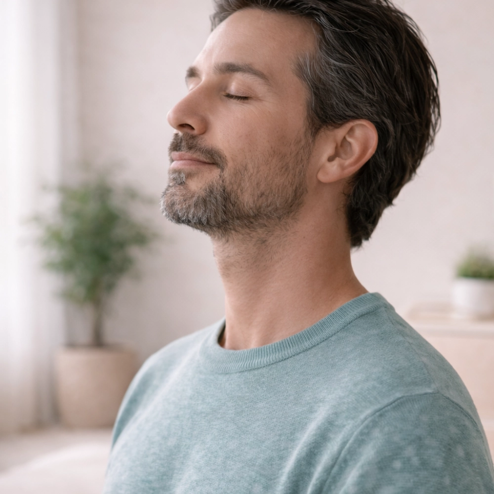 Side-profile portrait of a calm man with eyes closed.
