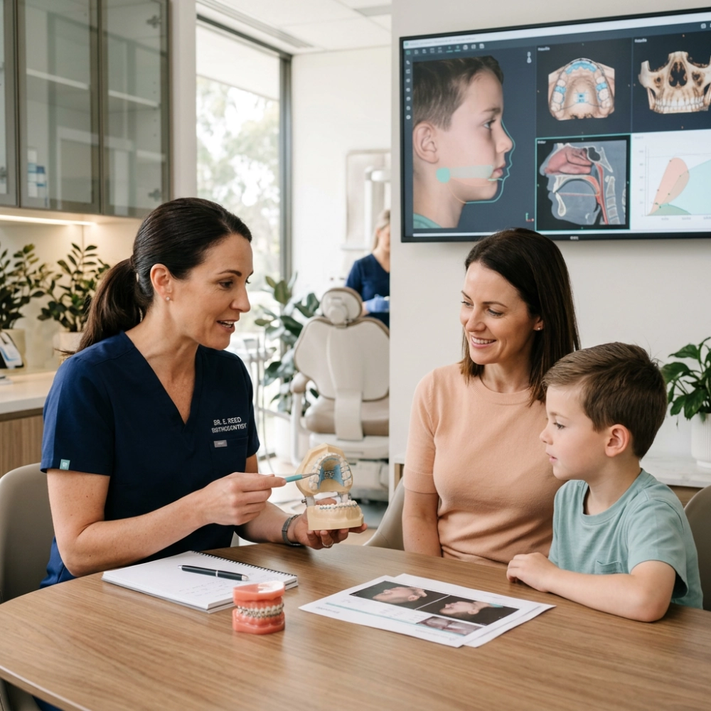 A practitioner in scrubs explains orthodontic treatment to a mother and child using a jaw model in a bright modern dental clinic, with a screen behind them displaying facial growth and airway scan visuals.