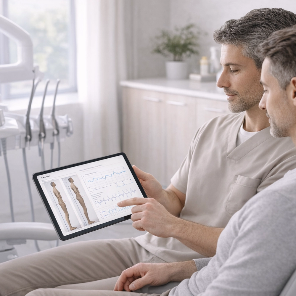 Doctor reviewing posture data and charts with patient on tablet.