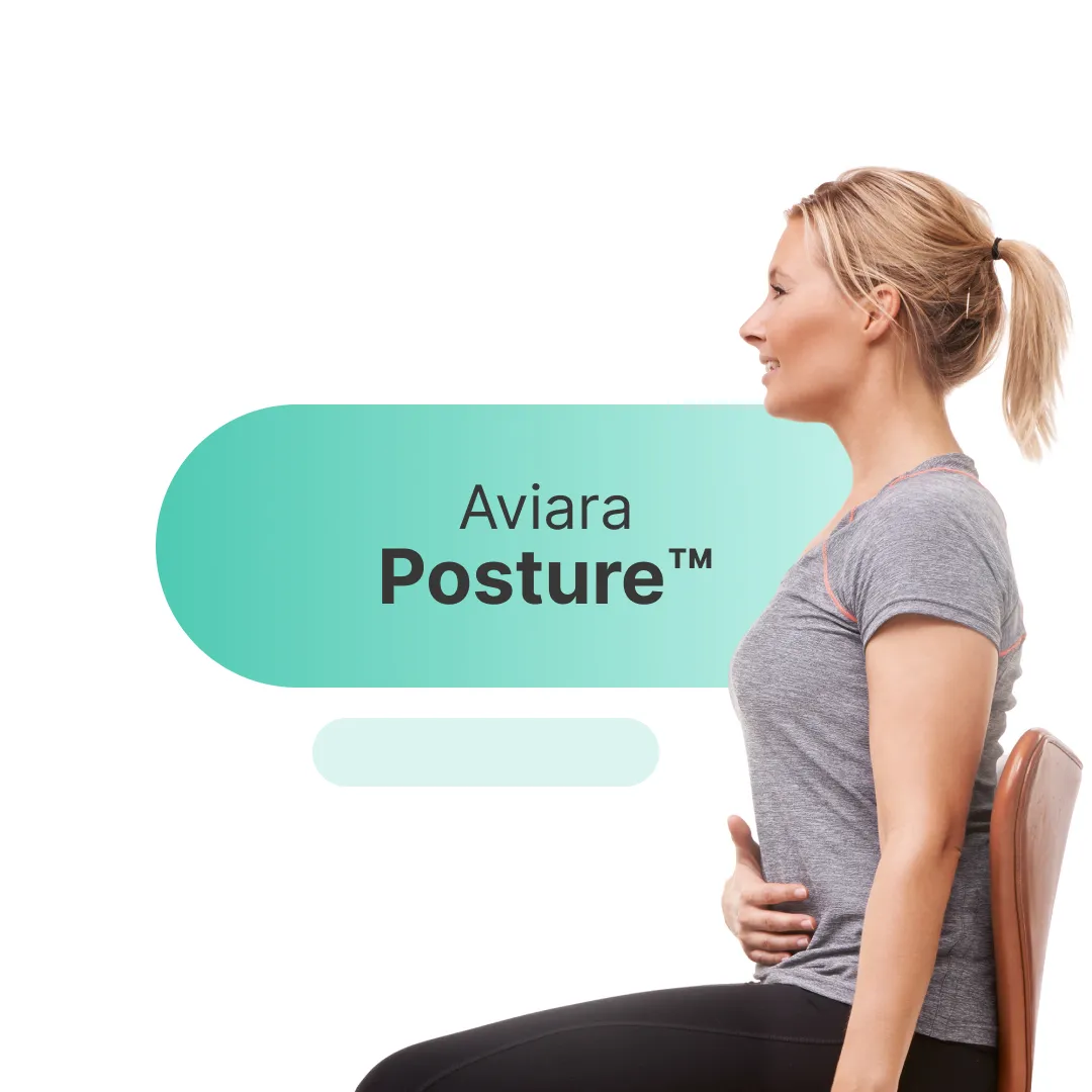 Woman sitting with good posture, demonstrating proper spinal alignment.