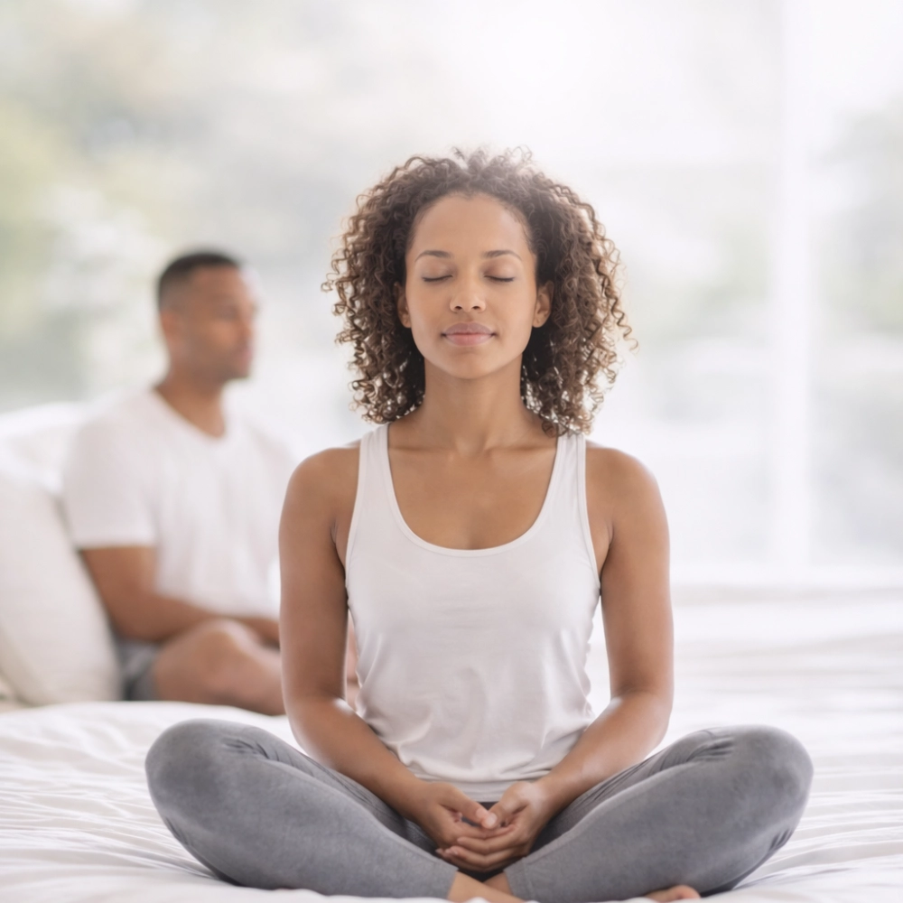 Woman meditating calmly while sitting cross-legged indoors.