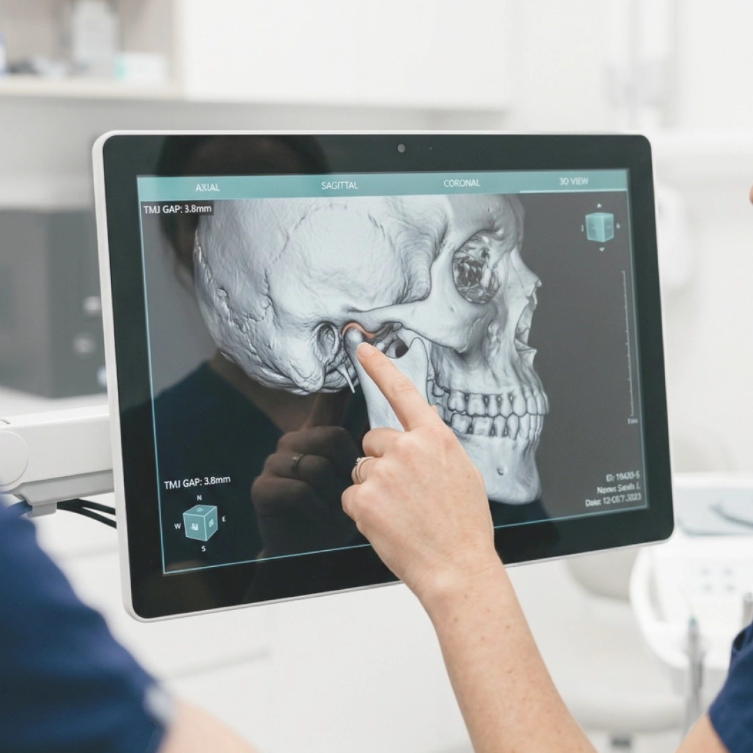 Doctor reviewing 3D skull scan highlighting jaw joint on medical screen