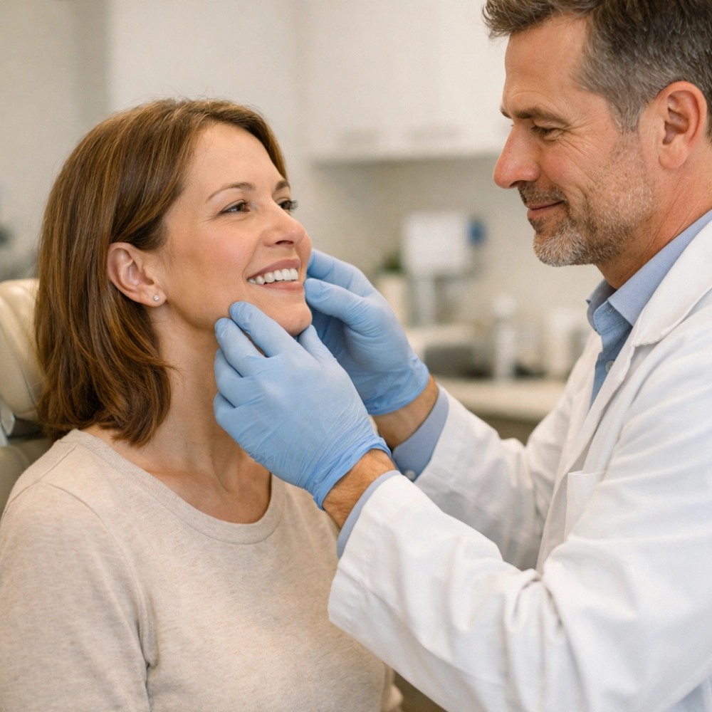 Doctor examining patient’s jaw and facial alignment.