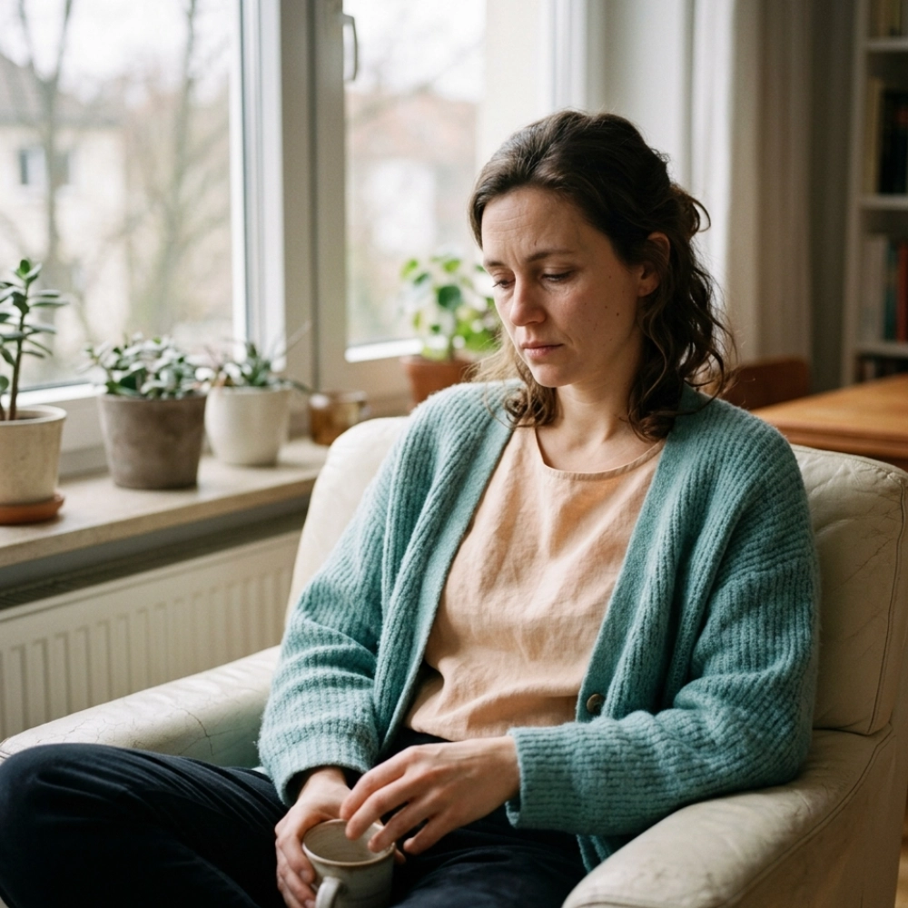 Woman sitting alone looking concerned in natural light.
