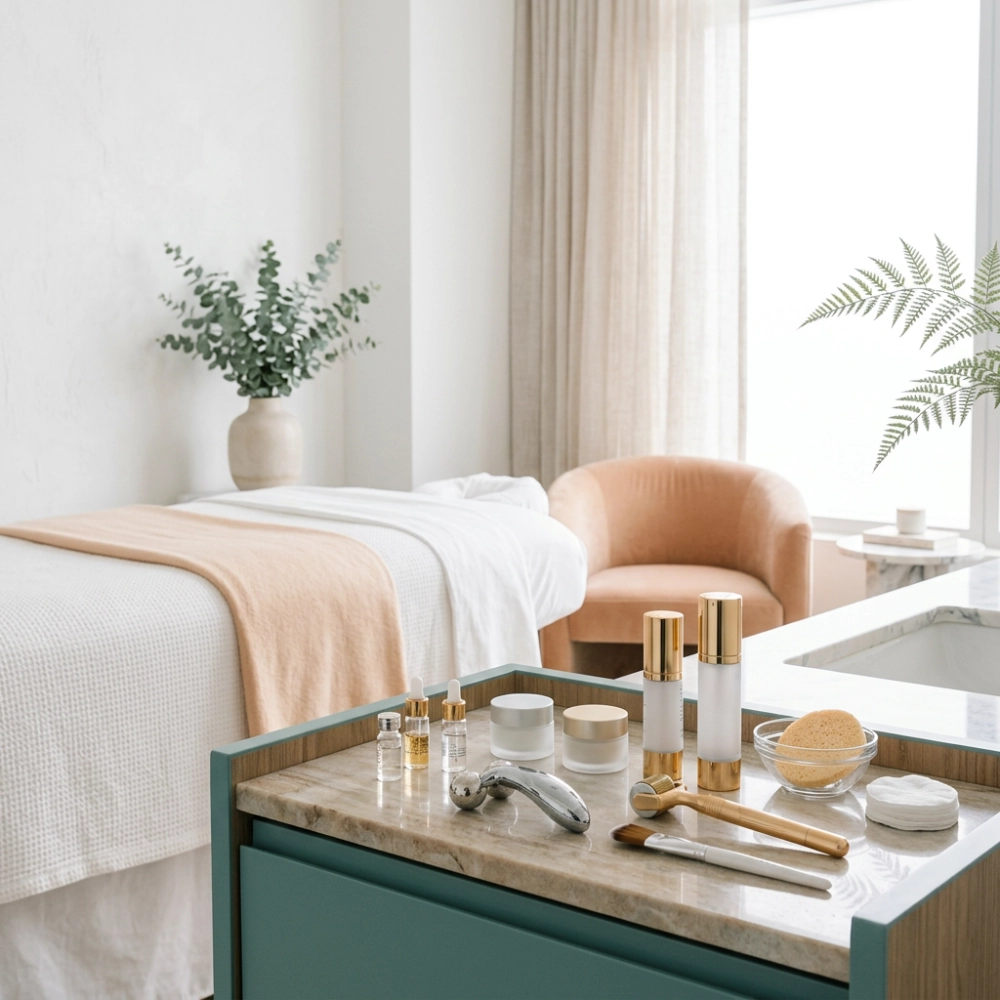 Modern wellness room with treatment bed and equipment.